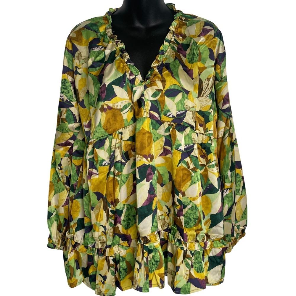 Umgee Women Small Abstract Floral Babydoll Tunic Top Green Yellow R0717